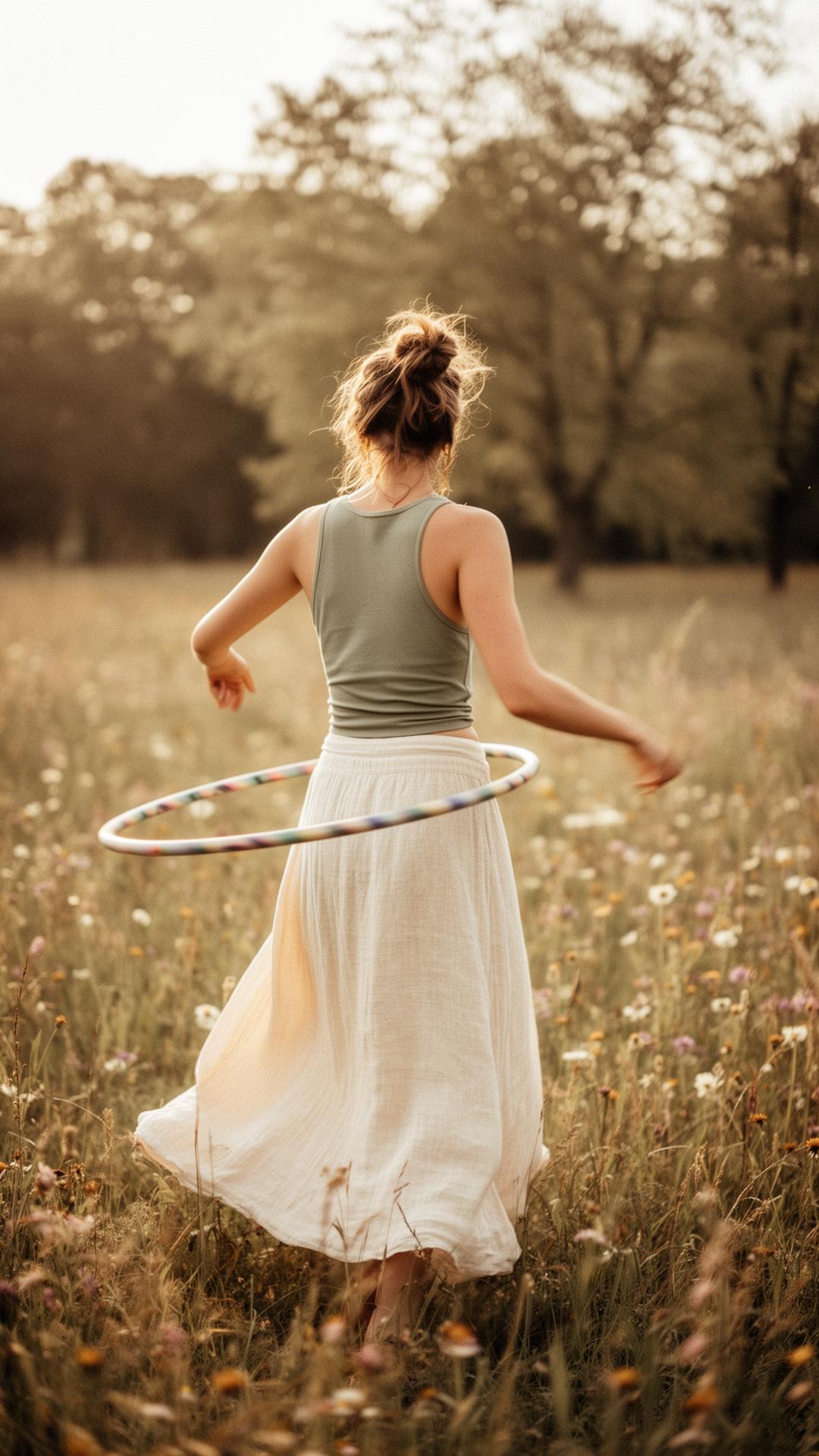 Woman gently hooping in a sunlit meadow of wildflowers